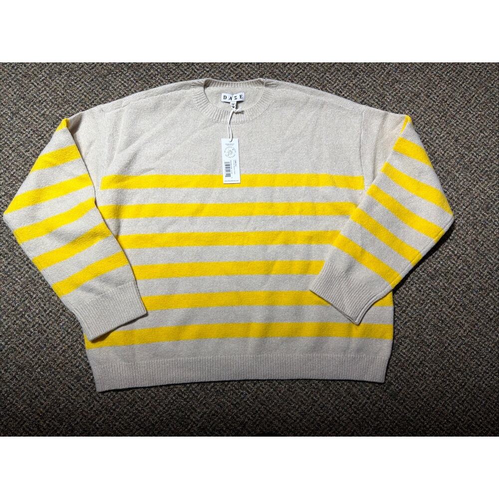 Daze Carlyle Sweater Womens Size Large Yellow Cream Stripe Long Sleeve Stretch